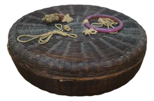 Antique Chinese Wicker Lidded Bead Ring Tassel Sewing Storage Basket 12"