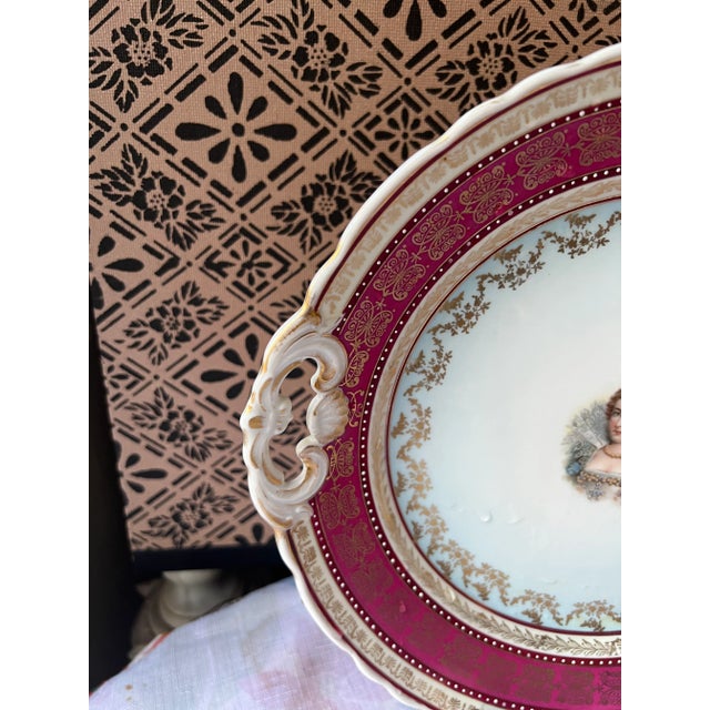English Antique Vintage Bawo & Dotter Marie Antoinette Portrait Beaded Cranberry & Gold Cake Plate For Sale - Image 3 of 13
