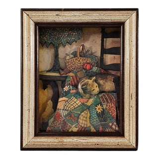 Shadow Box Sleeping Cat Wood Framed Portrait For Sale