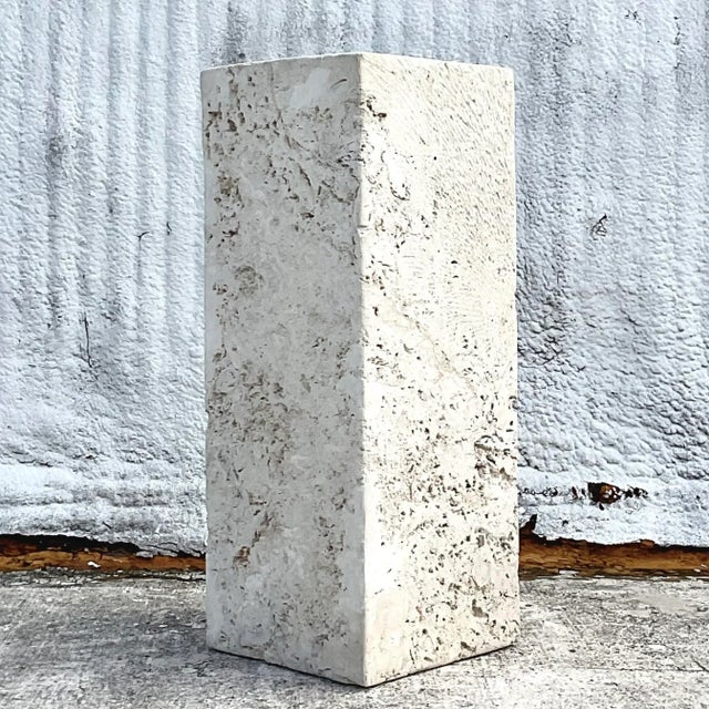A fantastic vintage Coastal pedestal. A striking solid Coquina stone body in a chic and simple design. Incredible organic...