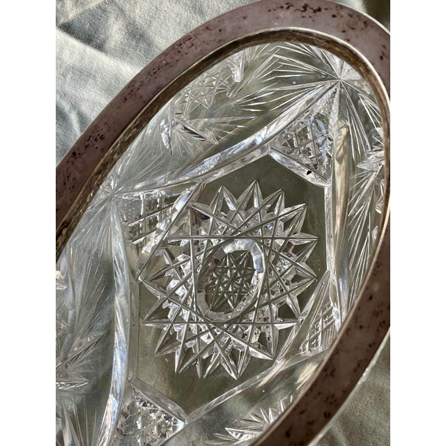 Brilliant Deeply Cut Cut Glass Art Deco 875 Silver Rimmed Oval Boat Small Bowl For Sale - Image 10 of 12