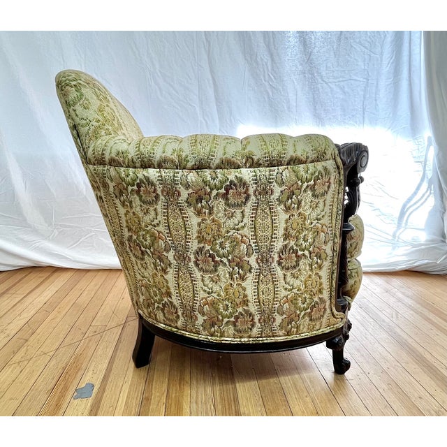 Set of Vintage Louis XV Bergere Style Chairs With Carved Walnut Frames & Brocade Upholstery. For Sale - Image 4 of 14