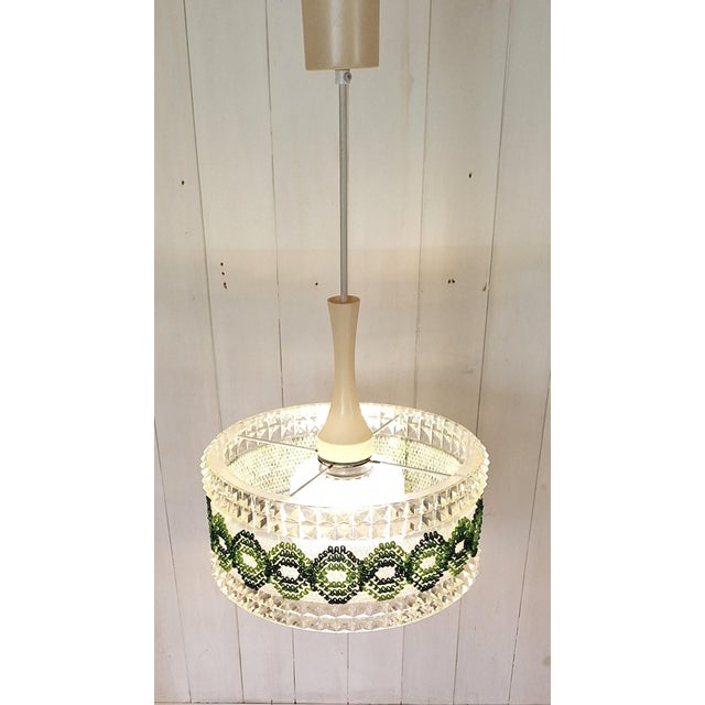 Vintage Ceiling Lamp with Round Clear Plastic Shade and Green Fabric Trim from ME, 1970s For Sale - Image 3 of 8