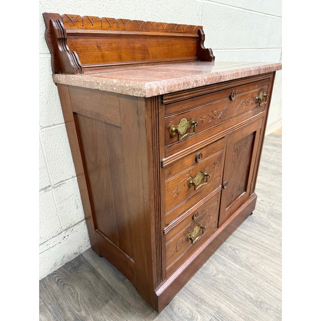 Victorian Antique Victorian Eastlake Style Walnut and Marble Top Cabinet Commode Washstand For Sale - Image 3 of 15