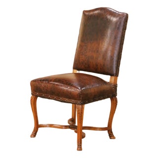 19th Century French Louis XV Walnut Desk Chair With Embossed Leather For Sale
