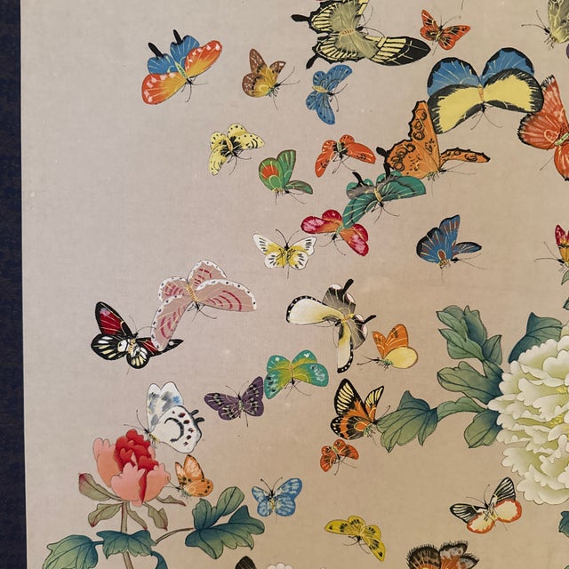 Almond Vintage Chinese Hanging Scroll Painting — Hundred Butterflies & Peonies With Calligraphy, Silk Brocade Mount For Sale - Image 8 of 12
