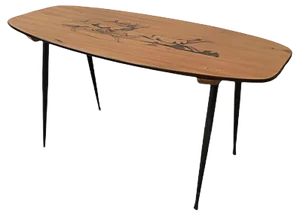 Mid-Century Wooden Coffee Table with Decorated Deer Run Pattern on Top & Black Painted Iron Legs, 1950s