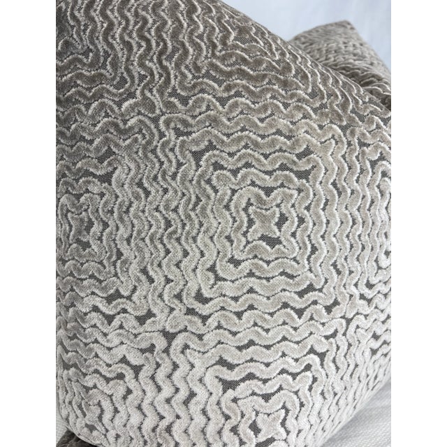 Custom pair of 22" pillows covered in Nina Campbell "Mourlot Velvet" in color grey. These pillows have tapered corners to...