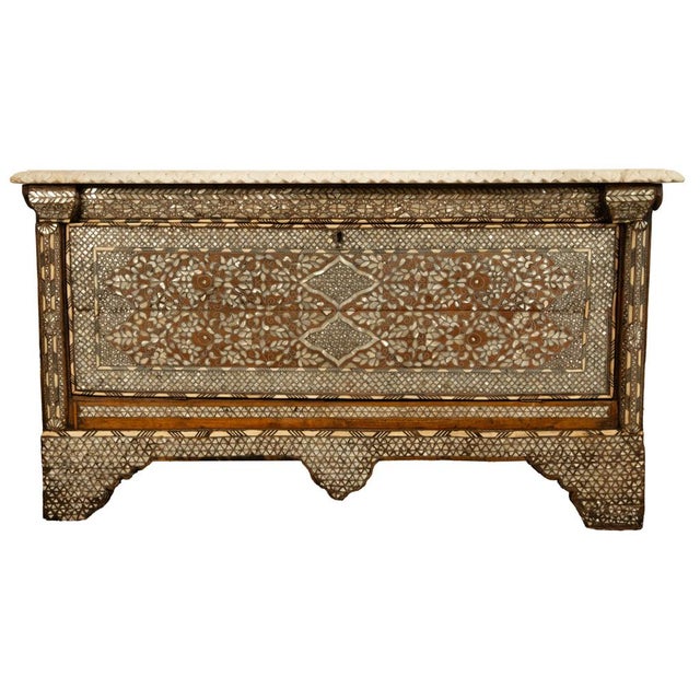 Wood Antique Arabic Walnut Inlaid Mother-of-Pearl Dowry Marriage Chest Damascus 1860 For Sale - Image 7 of 17