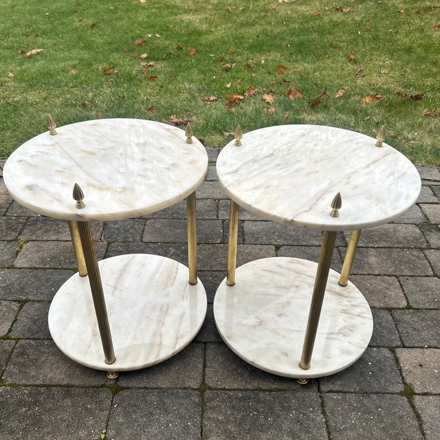 Late 20th Century Pair 2 Tier Marble Top Brass Side Tables For Sale - Image 9 of 9