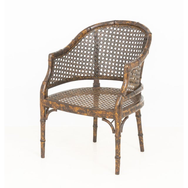 Brown Tortoiseshell Finish Faux Bamboo Caned Tub Chair For Sale - Image 8 of 11