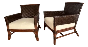 Pair of Palecek Rawhide Weave Lounge Chairs With Rattan Frame-Vintage Patio Chairs