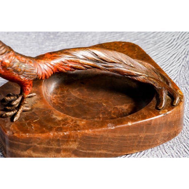 Austrian Antique Cold Painted Bronze Pheasant Bird Marble Catchall Dish For Sale - Image 9 of 17