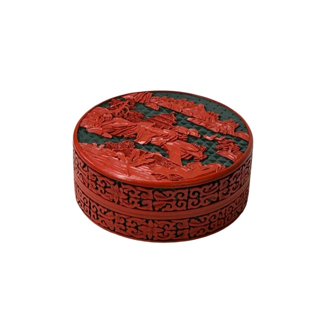 Oriental Asian Black Red Lacquer Round Relief Scenery Accent Box For Sale In San Francisco - Image 6 of 11