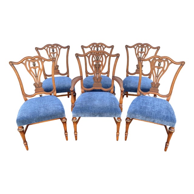 1930's Saginaw Furniture Louis XVI Walnut Dining Chairs- Set of 6 Newly Reupholstered For Sale