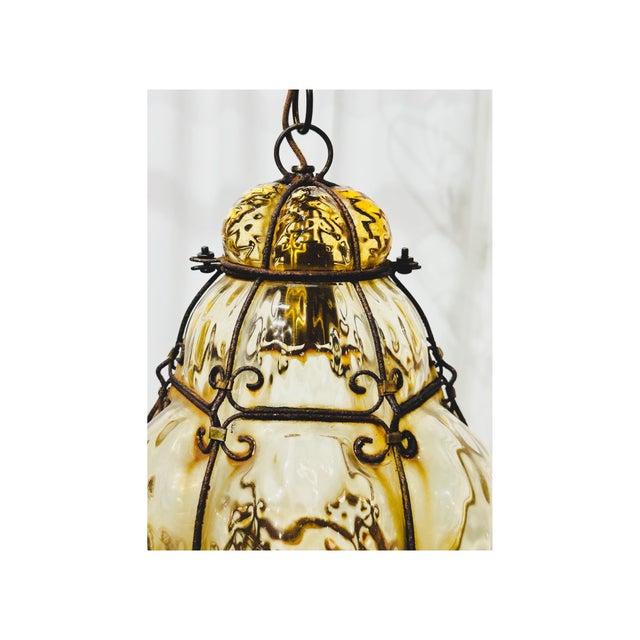 Amber Vintage Mid Century Era Murano Caged Glass Pendant Lantern Attributed to Seguso, Amber Glass For Sale - Image 8 of 9
