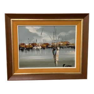 Mid 20th Century Original Oil Painting "Harbor Morning" Signed by Artist Italy, Framed