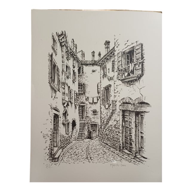 Toni Macchi, Views of a Mediterranean Village, 1978, Ink on Cardboard For Sale