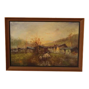 European 20th C. Pastoral Village Landscape Scene by Sara