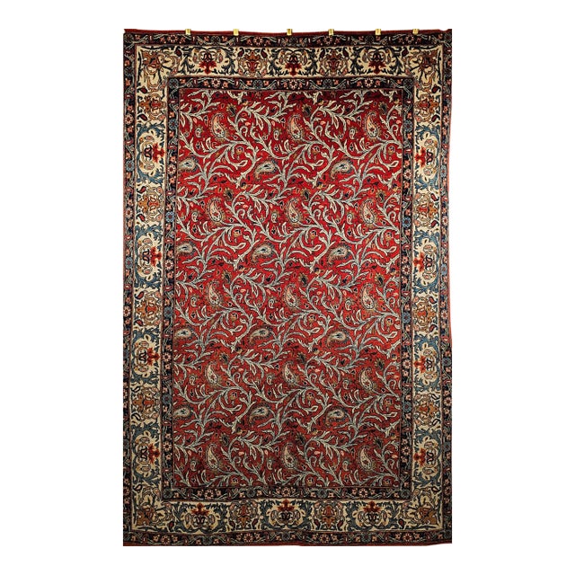 Vintage Persian Qum Area Rug, Hand-Knotted Wool, Allover Paisley & Vine Pattern, 5x7, Red & Ivory For Sale