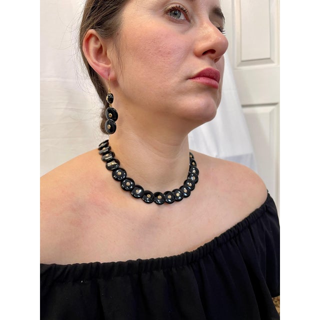 Round Circle Black Onyx with Rose Cut Diamond 18 Karat Gold Necklace, Earrings For Sale - Image 14 of 18