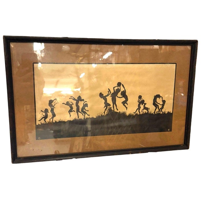 This rare Karl Wilhelm Diefenbach silhouette lithograph captures the lively essence of dancing festivities, rendered with...