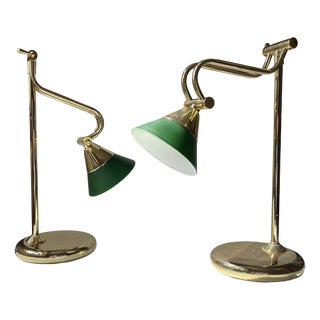 Vintage Scandinavian Bankers Desk Table Lamps in Brass and Green Glass, 1990s, Set of 2 For Sale