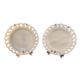 Vintage Fenton White Milk Glass Reverse C Lace Edge 9” Set of 2 - W/Wall Hangers For Sale