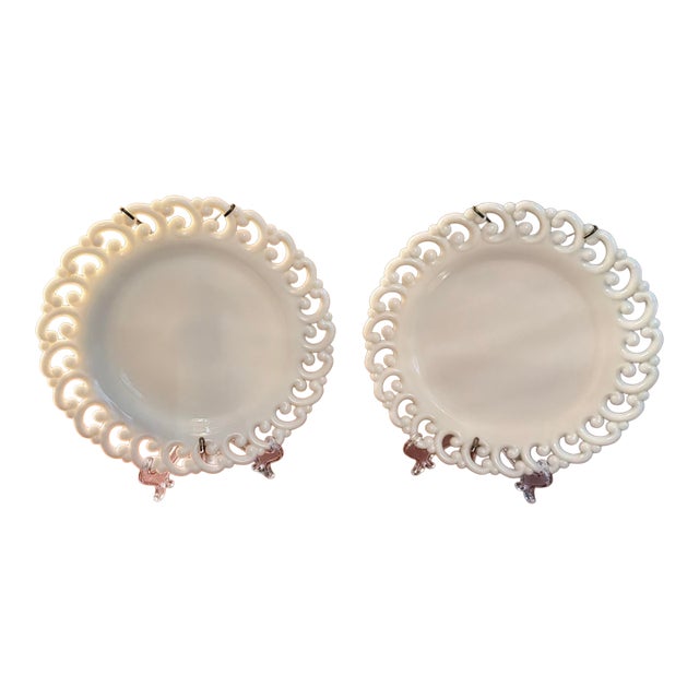 Vintage Fenton White Milk Glass Reverse C Lace Edge 9” Set of 2 - W/Wall Hangers For Sale