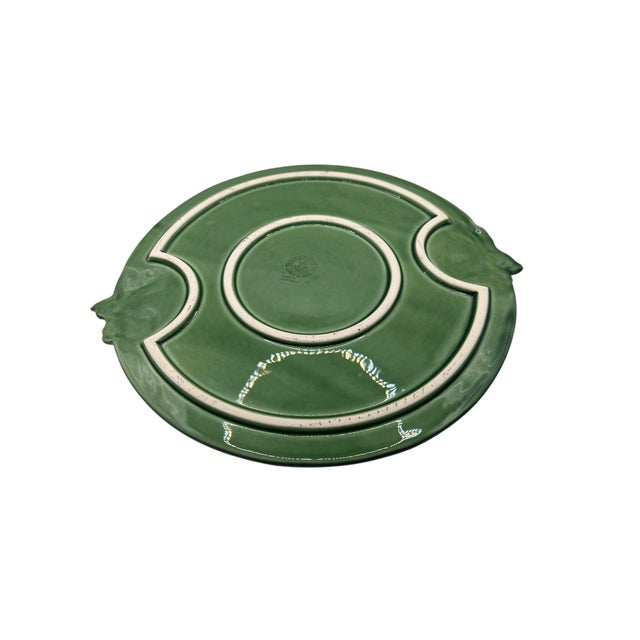 Ceramic Vintage Bordallo Pinheiro Green Majolica Basketweave Cheese & Cake Platter For Sale - Image 7 of 12
