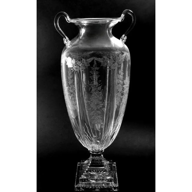 1980s Large Louis XVI Style Crystal Amphora with Engravings and Swan Handles, Italy, 1981 For Sale - Image 5 of 13
