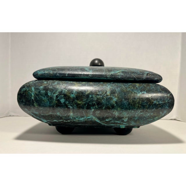 Modern Vintage Tony Evans Studio Art Pottery Malachite Glaze Lidded Large Ceramic Box For Sale - Image 3 of 9