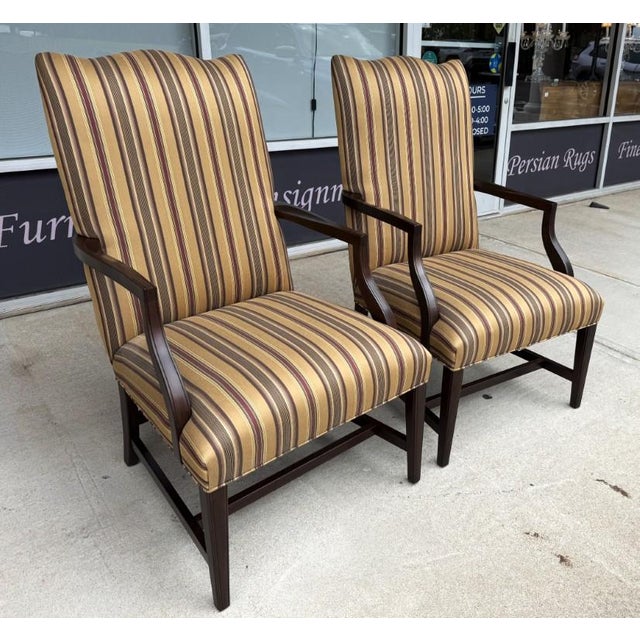 Ethan Allen Pair of Ethan Allen High Back Arm Chairs With Striped Upholstery For Sale - Image 4 of 16