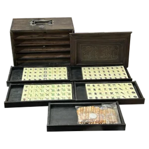 Chinese Mahjong Tiles Set W Characters Inlay Drawers Box Chest