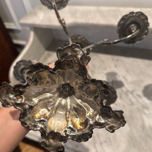 Metal Vintage Ornate Silver Plated 5 Arm Candelabras For Sale - Image 7 of 10