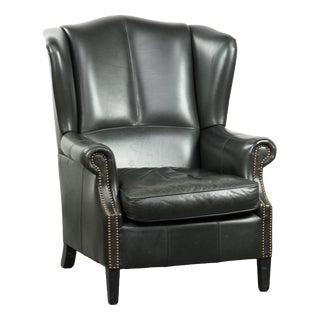 English Style Black Cowhide Wing Armchair For Sale