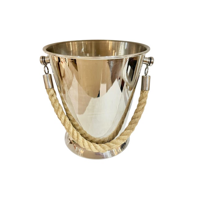 1990s Vintage Stainless Steel Ice Champagne Bucket With Rope Handle For Sale - Image 5 of 12