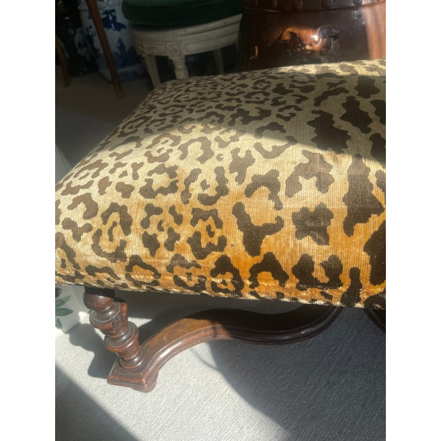French Louis XIII Style Turned Wood Ottoman, Animal Print Velvet For Sale - Image 13 of 16
