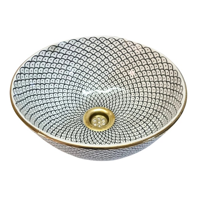 Contemporary White Pottery Sink Bowl 14k Gold Rim For Sale