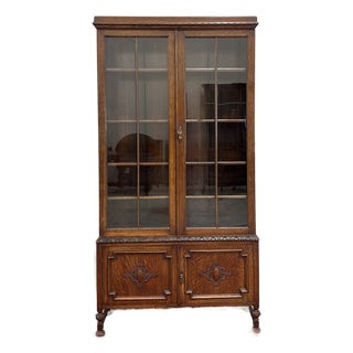 Antique English Jacobean Bookcase Bookshelf Cabinet Double Door Oak c.1930s For Sale