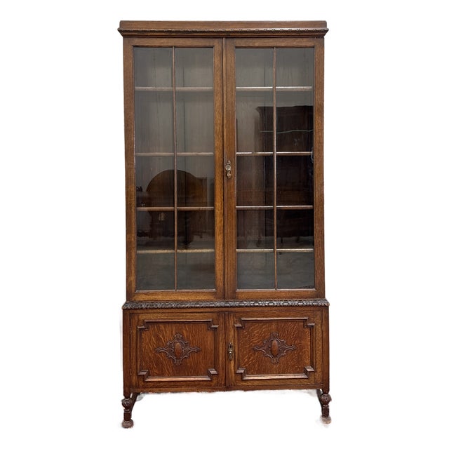 Antique English Jacobean Bookcase Bookshelf Cabinet Double Door Oak c.1930s For Sale
