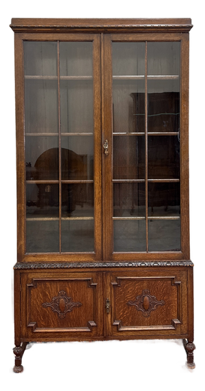 Antique English Jacobean Bookcase Bookshelf Cabinet Double Door Oak c.1930s