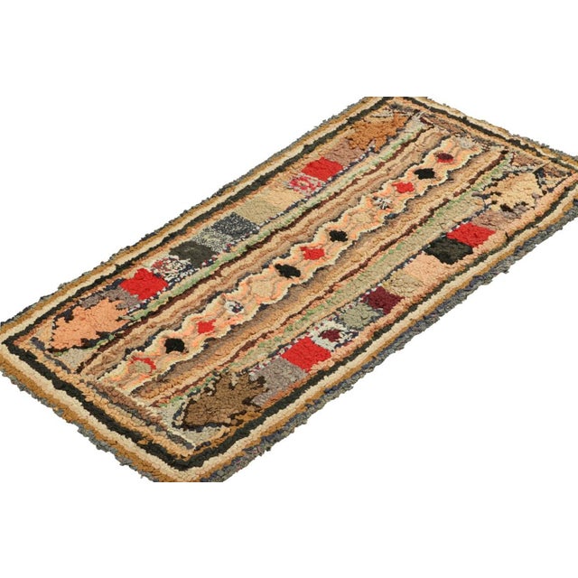 Rug & Kilim Antique Hooked Geometric Rug in Beige-Brown and Red Tones | Rug & Kilim For Sale - Image 4 of 7