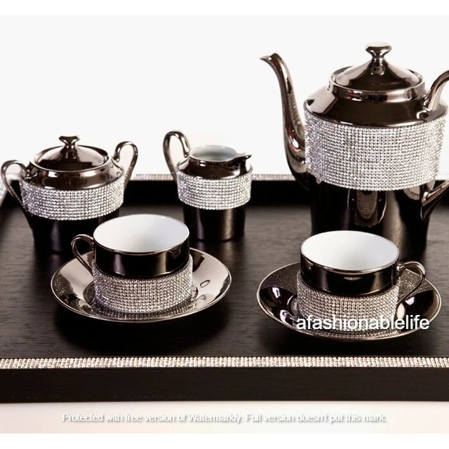 Bergdorf Goodman Sophie Villepigue, Paris Limoges Platinum Porcelain Swarovski Paved Tea Pot Creamer Sugar & Cups + Tray 12 Pieces For Sale - Image 4 of 17