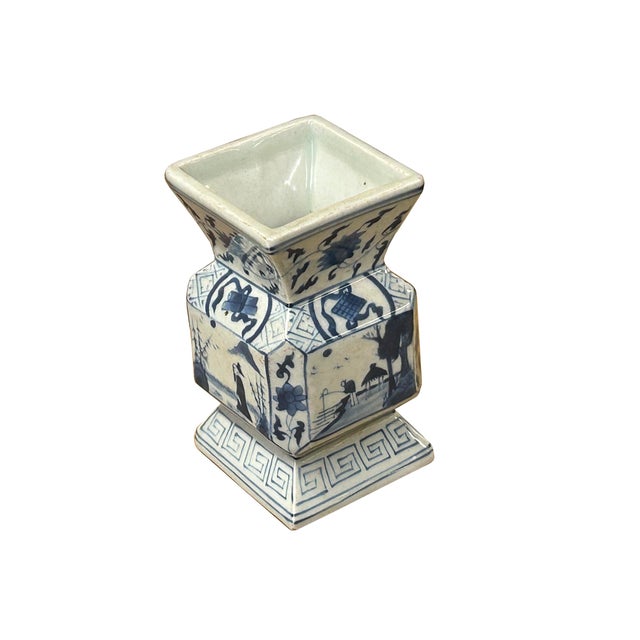 Asian Vintage Pale Blue White Scenery Graphic Square Porcelain Vase For Sale - Image 3 of 9