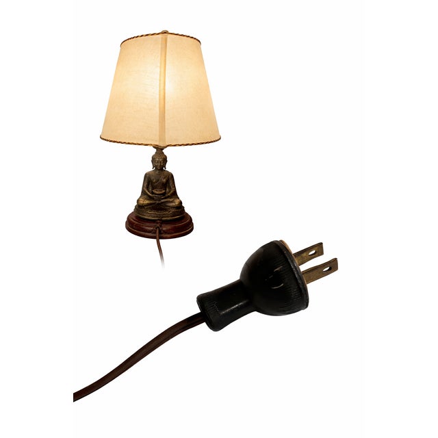 1950s Japanese Buddha Table Lamp With Offering Bowl, Original Parchment Shade & Leviton Switch For Sale - Image 14 of 14