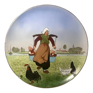 Antique Mettlach Villeroy Boch Dutch Mother Children Chicken Wall Plate # 307