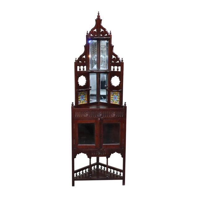 Handmade Hand Carved Display Cabinet With Mirror & Tile | Solid Teak Wood Storage Cabinet | Vintage Corner Indian Display Mirror For Sale - Image 4 of 4