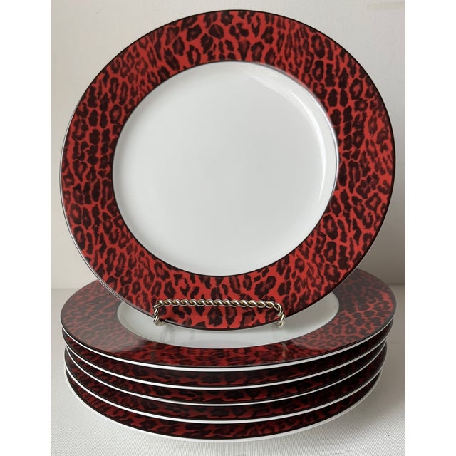 Red Leopard Border Porcelain Plates-Set 6-Neiman Marcus For Sale - Image 9 of 9