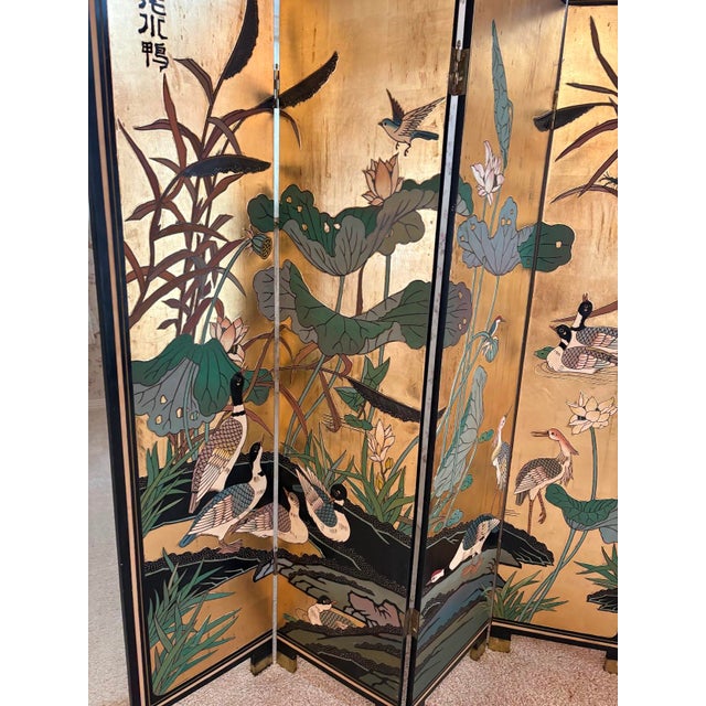Asian Style Black Lacquered/Giltwood 4-Panel Bird Screen For Sale - Image 4 of 5
